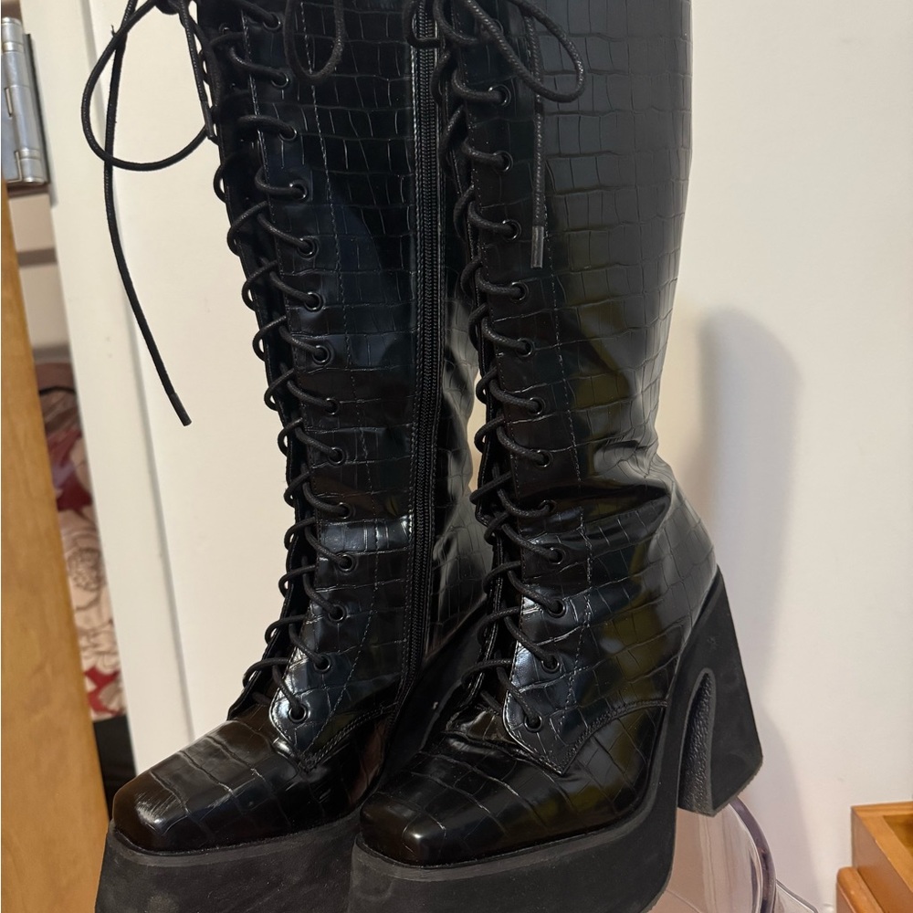 Nasty Gal Black Textured Lace-Up Boots
